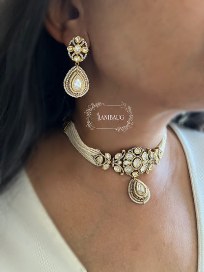 Tarini Minimal Polki Kundan Studded Traditional Indian Choker Set Inspired By Ancient Queens Of India With Teardrop Motif By Ranibaug