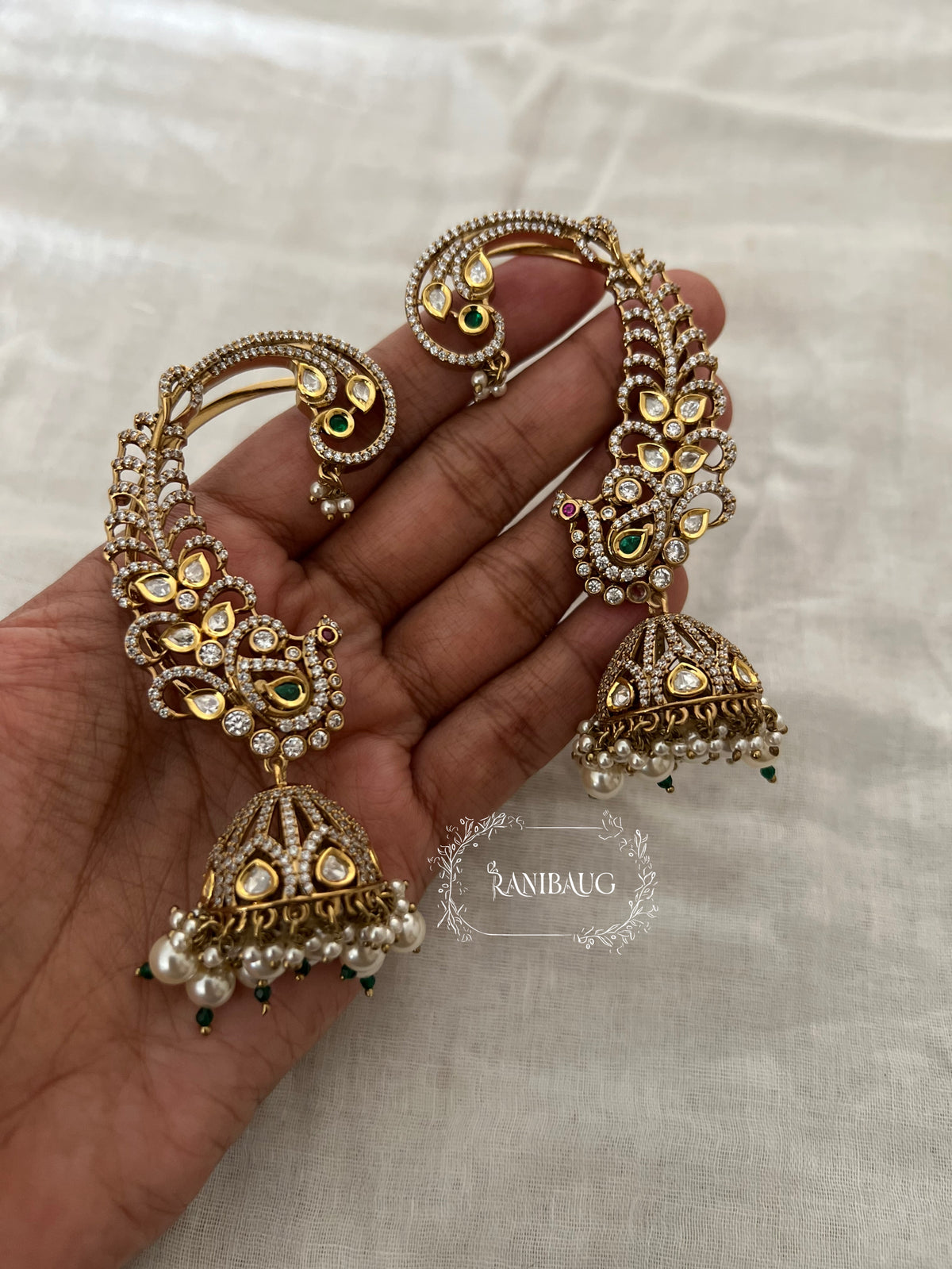 Tarini Polki Kundan Gold Finish Royal Indian Artistry Cuff Jhumka Earrings By Ranibaug
