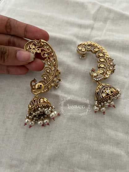 Tarini Polki Kundan Gold Finish Royal Indian Artistry Cuff Jhumka Earrings By Ranibaug