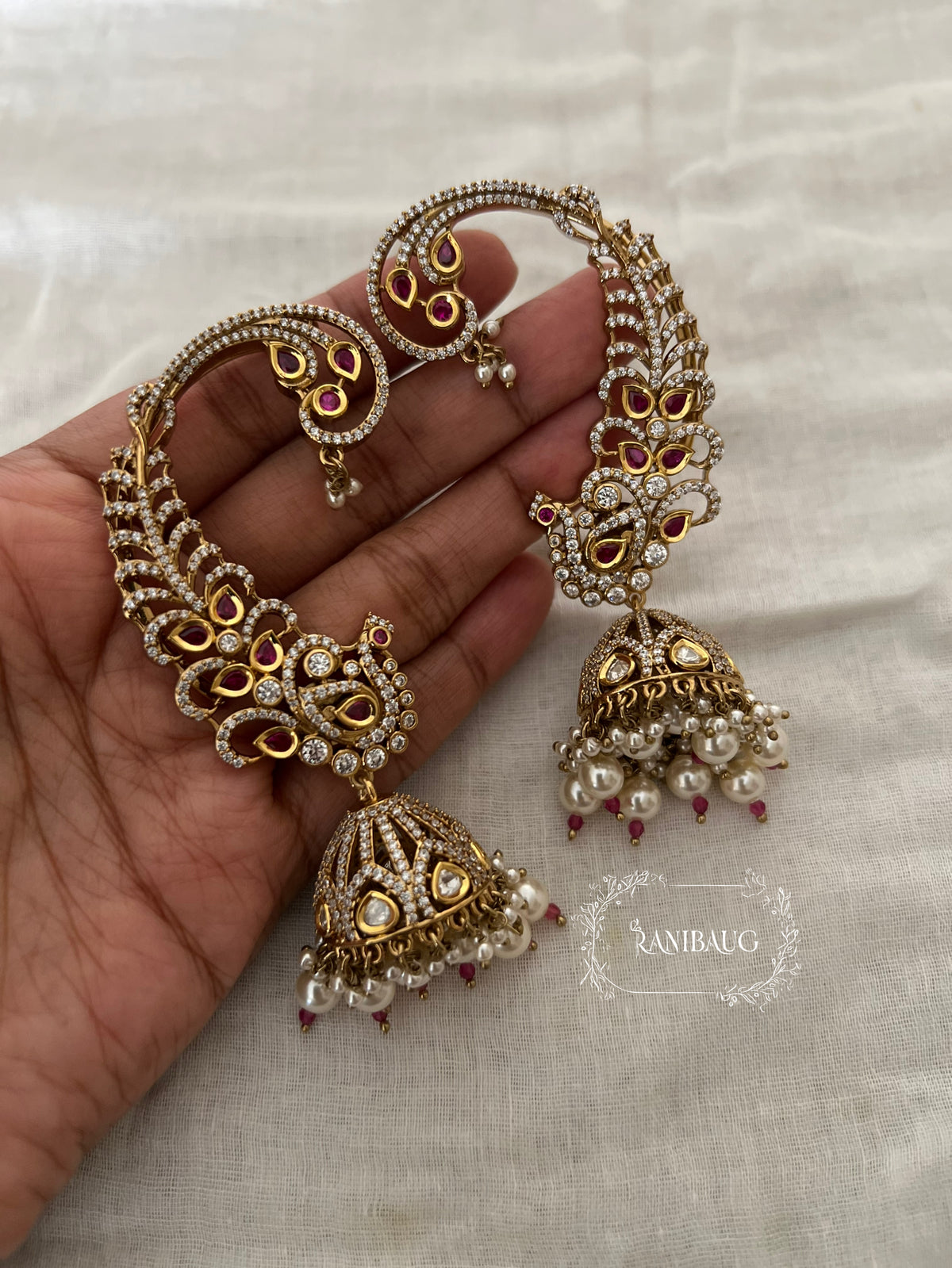 Tarini Polki Kundan Gold Finish Royal Indian Artistry Cuff Jhumka Earrings By Ranibaug