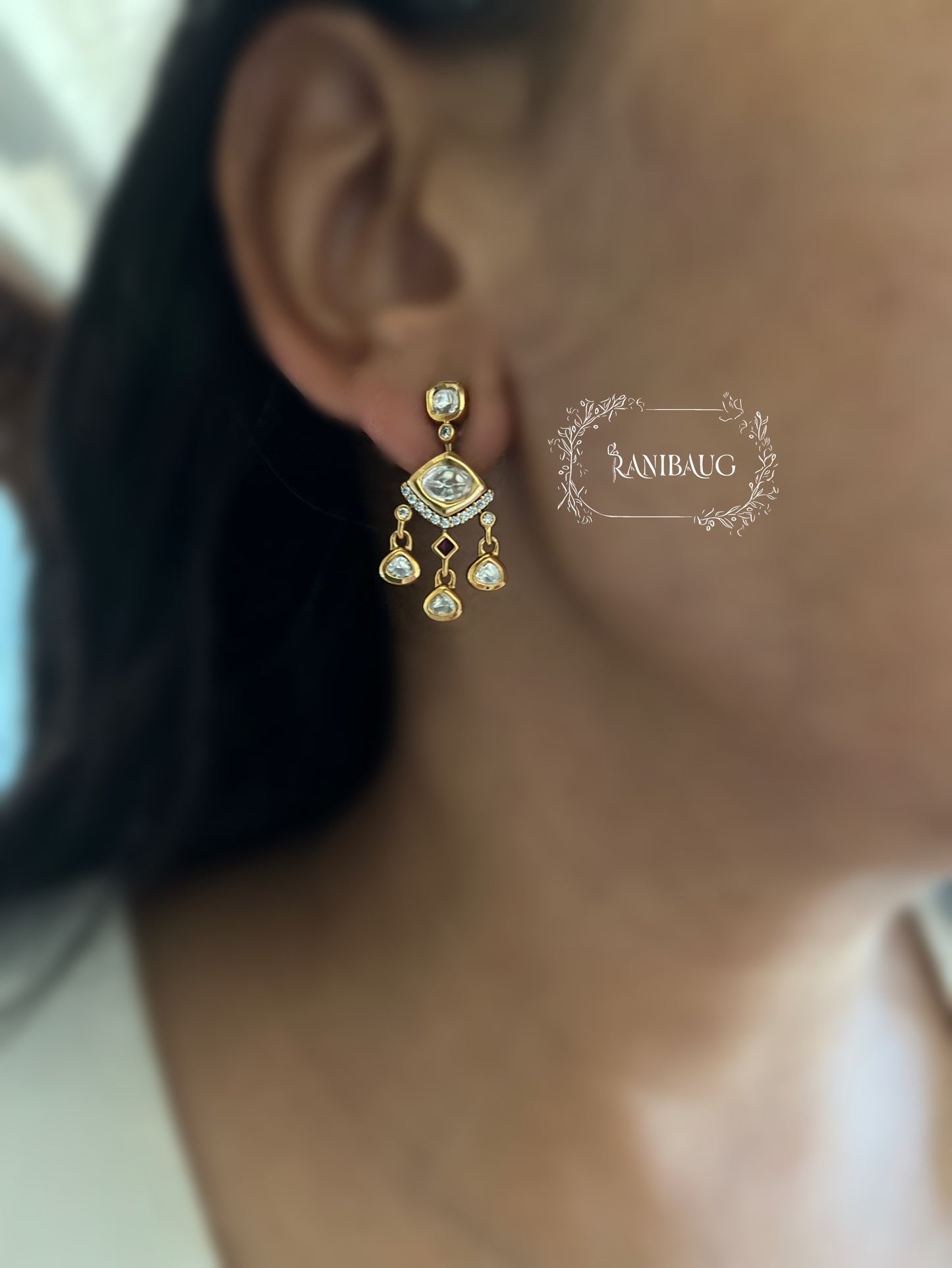 Tarini Small Minimal Gold Finish Polki Dangler Motifs Ear Studs By Ranibaug