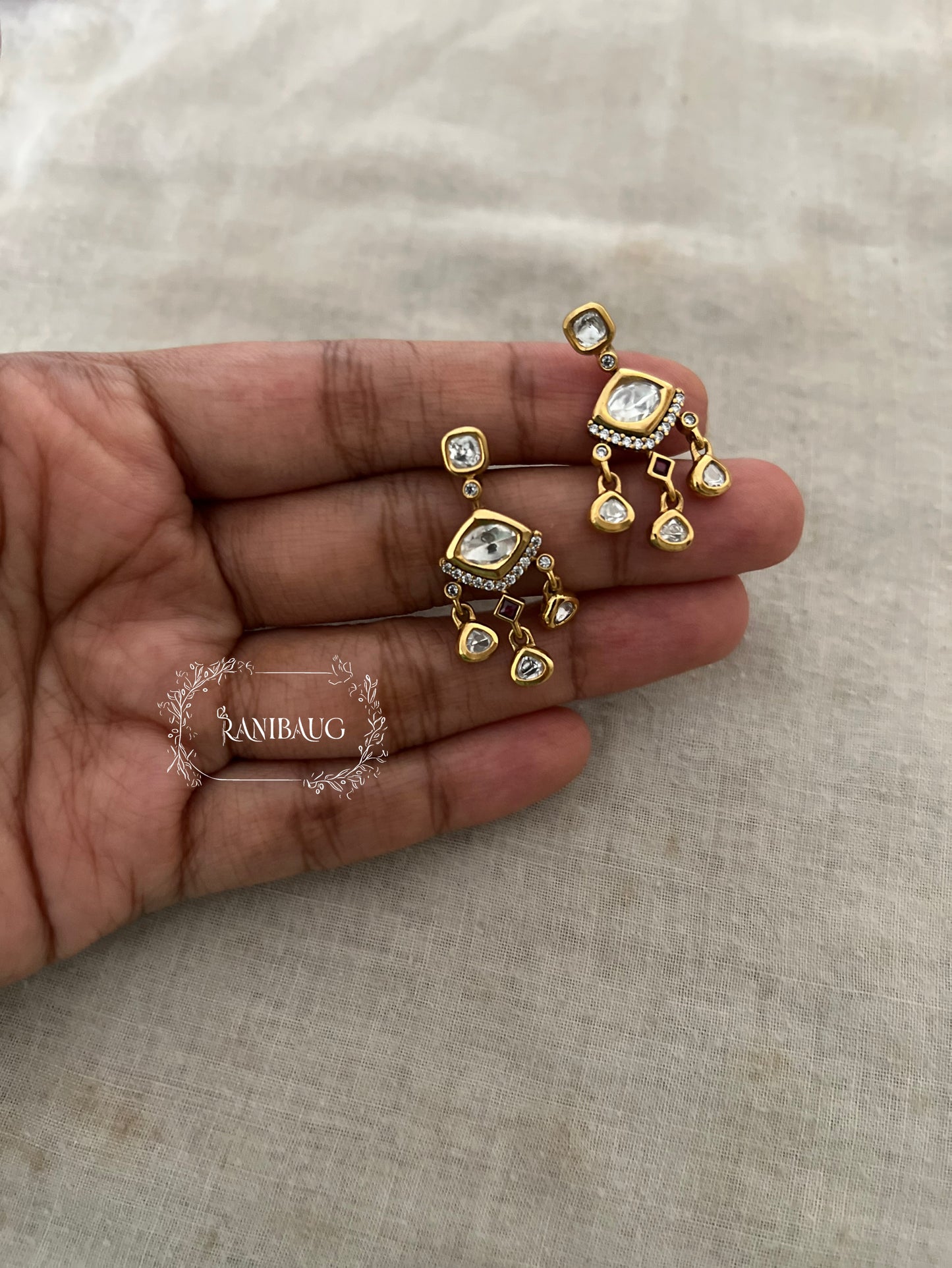 Tarini Small Minimal Gold Finish Polki Dangler Motifs Ear Studs By Ranibaug