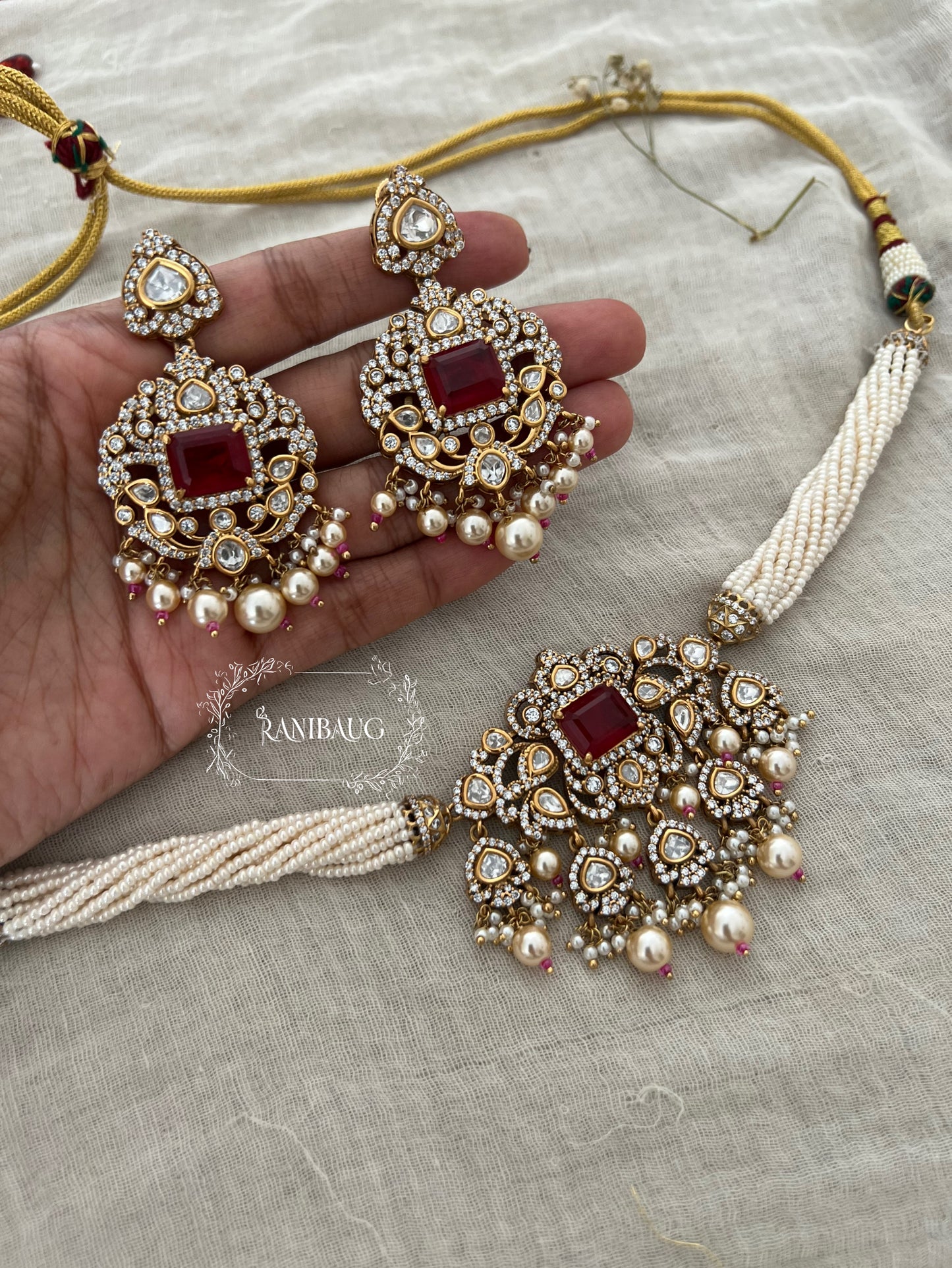 Tarini Victorian Finish Polki Studded Pearl Strand Choker Necklace Set By Ranibaug
