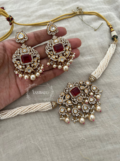 Tarini Victorian Finish Polki Studded Pearl Strand Choker Necklace Set By Ranibaug