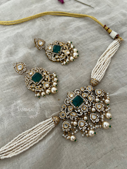 Tarini Victorian Finish Polki Studded Pearl Strand Choker Necklace Set By Ranibaug