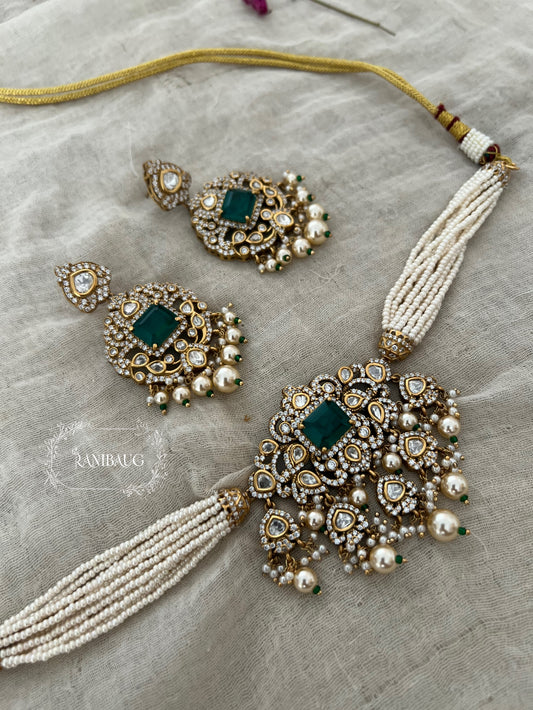Tarini Victorian Finish Polki Studded Pearl Strand Choker Necklace Set By Ranibaug