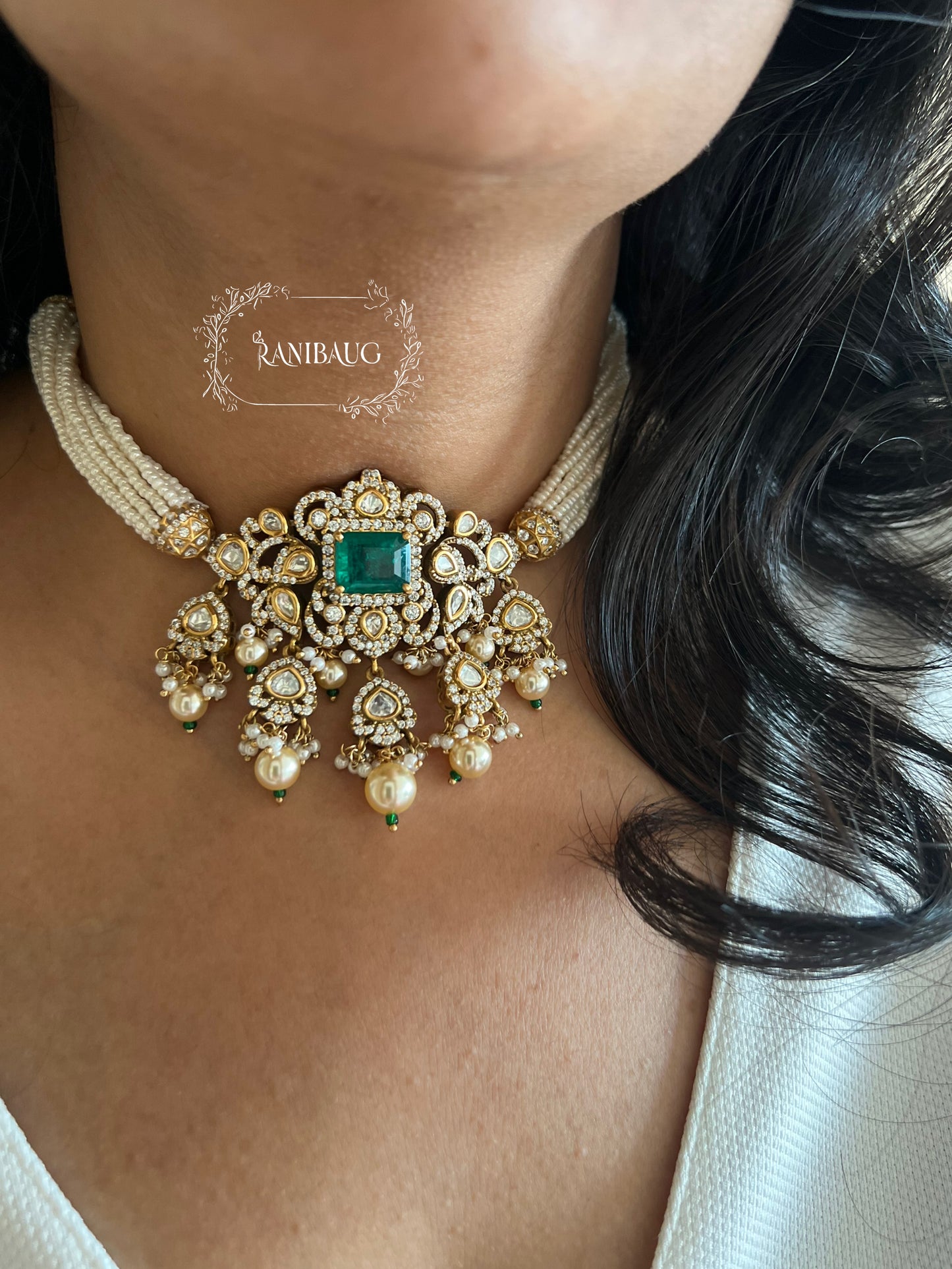 Tarini Victorian Finish Polki Studded Pearl Strand Choker Necklace Set By Ranibaug