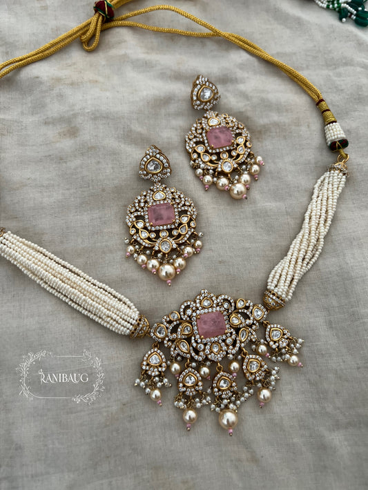 Tarini Victorian Finish Polki Studded Pearl Strand Choker Necklace Set By Ranibaug