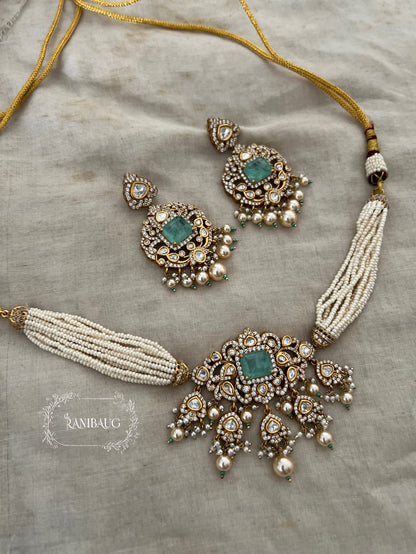Tarini Victorian Finish Polki Studded Pearl Strand Choker Necklace Set By Ranibaug