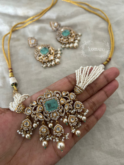 Tarini Victorian Finish Polki Studded Pearl Strand Choker Necklace Set By Ranibaug