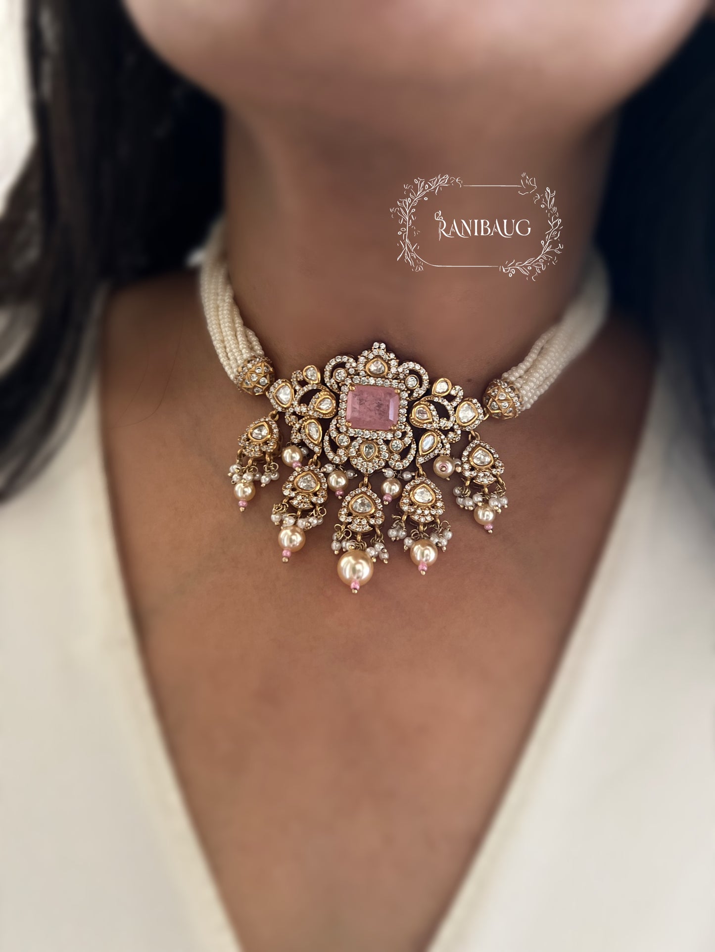 Tarini Victorian Finish Polki Studded Pearl Strand Choker Necklace Set By Ranibaug