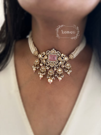 Tarini Victorian Finish Polki Studded Pearl Strand Choker Necklace Set By Ranibaug