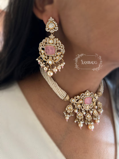 Tarini Victorian Finish Polki Studded Pearl Strand Choker Necklace Set By Ranibaug