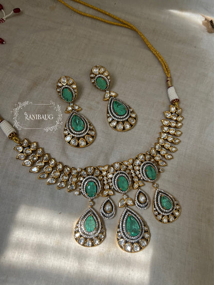 Tasha Mint Heavy Mossainite Kundan Teardrop Gemstone Necklace Choker Set By Ranibaug | Festive Jewelry Collection 2025 2026