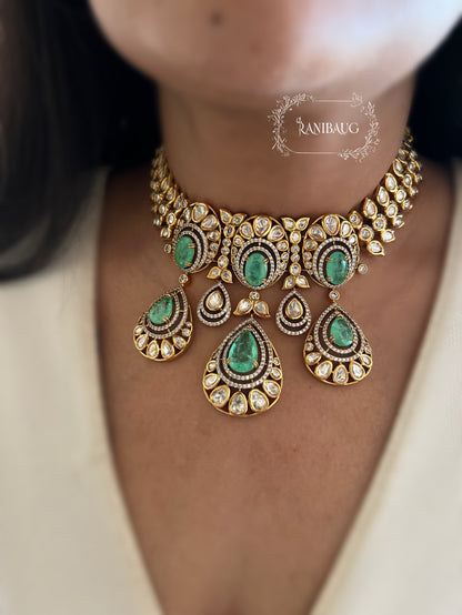 Tasha Mint Heavy Mossainite Kundan Teardrop Gemstone Necklace Choker Set By Ranibaug | Festive Jewelry Collection 2025 2026