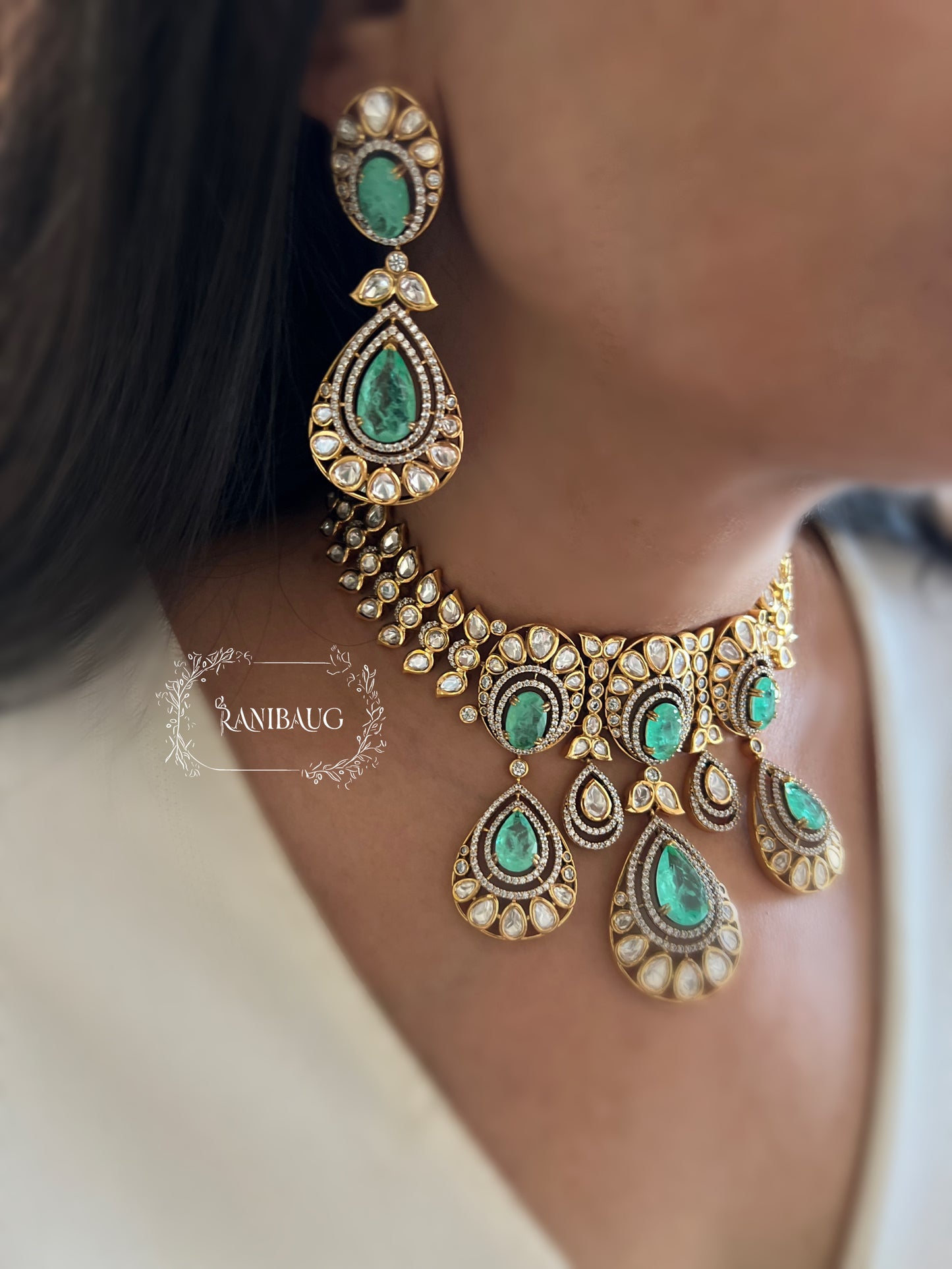 Tasha Mint Heavy Mossainite Kundan Teardrop Gemstone Necklace Choker Set By Ranibaug | Festive Jewelry Collection 2025 2026