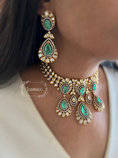 Tasha Mint Heavy Mossainite Kundan Teardrop Gemstone Necklace Choker Set By Ranibaug | Festive Jewelry Collection 2025 2026