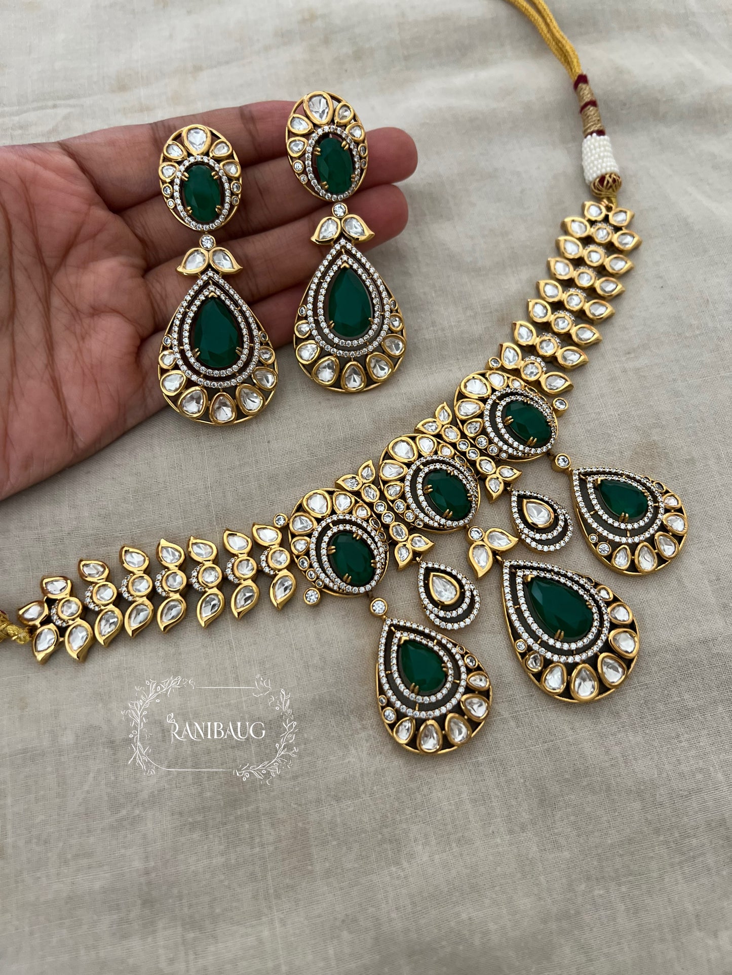 Tasha Mint Heavy Mossainite Kundan Teardrop Gemstone Necklace Choker Set By Ranibaug | Festive Jewelry Collection 2025 2026
