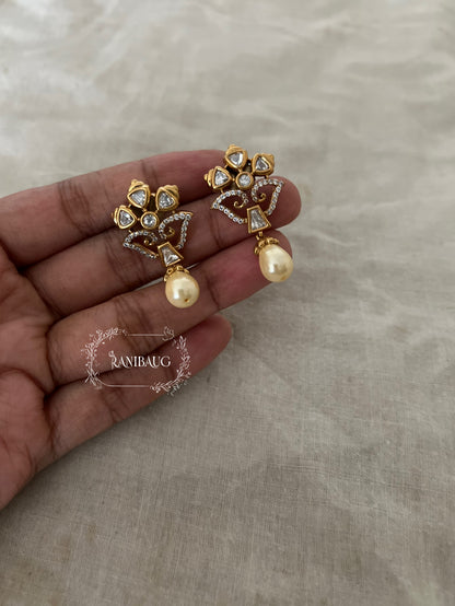 Tavira Polki Floral Golden Pearl Dangle Ear Studs By Ranibaug