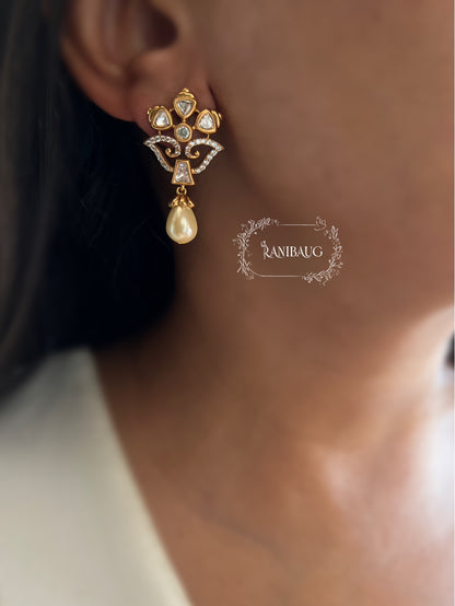 Tavira Polki Floral Golden Pearl Dangle Ear Studs By Ranibaug
