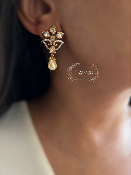 Tavira Polki Floral Golden Pearl Dangle Ear Studs By Ranibaug