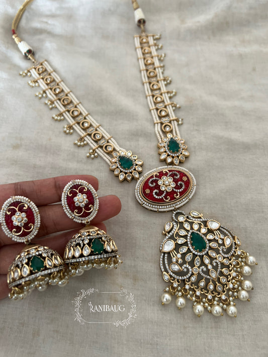 The Carved Gemstone Rani Haar | Pastel Meenakari & Pearl Strand Long Necklace | A Statement Ranibaug Jewellery Set