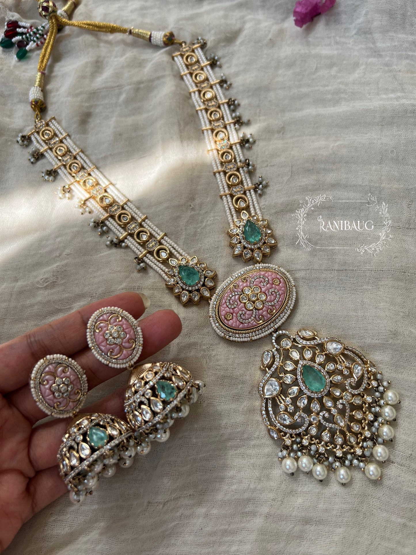 The Carved Gemstone Rani Haar | Pastel Meenakari & Pearl Strand Long Necklace | A Statement Ranibaug Jewellery Set 2025