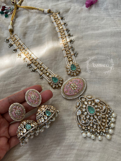The Carved Gemstone Rani Haar | Pastel Meenakari & Pearl Strand Long Necklace | A Statement Ranibaug Jewellery Set 2025