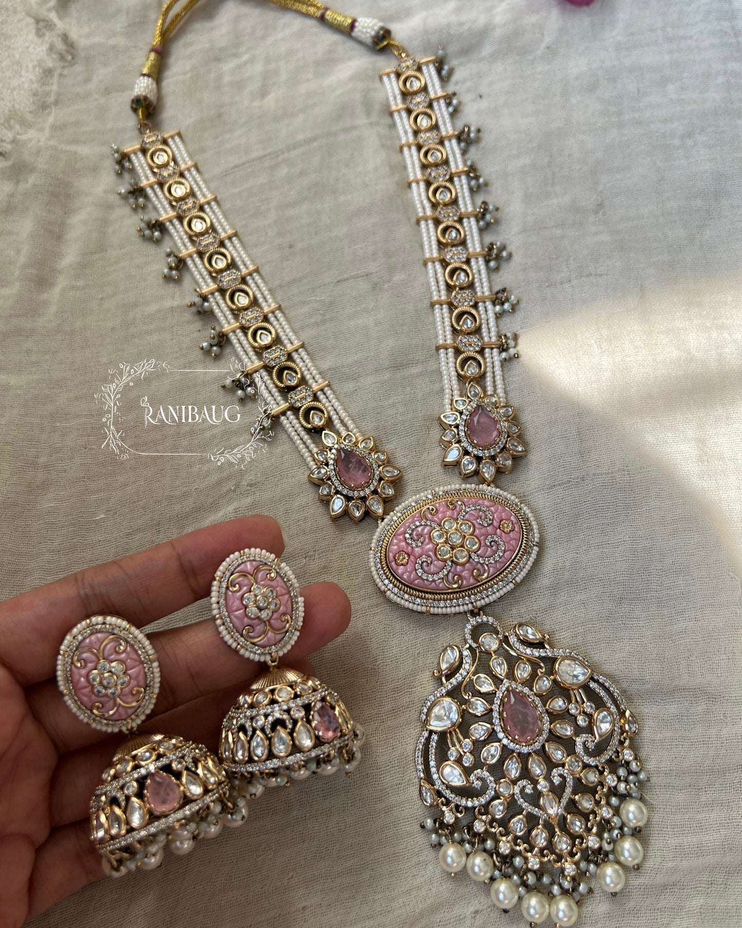 The Carved Gemstone Rani Haar | Pastel Meenakari & Pearl Strand Long Necklace | A Statement Ranibaug Jewellery Set 2025