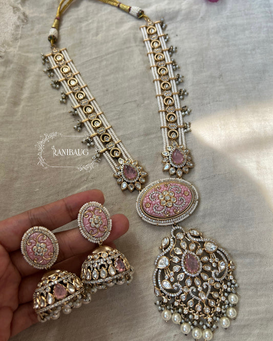 The Carved Gemstone Rani Haar | Pastel Meenakari & Pearl Strand Long Necklace | A Statement Ranibaug Jewellery Set 2025