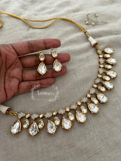 The Dewdrop Mossainite Polki Solitaire Necklace | Single-Line Teardrop Choker in Premium Gold Finish by Ranibaug