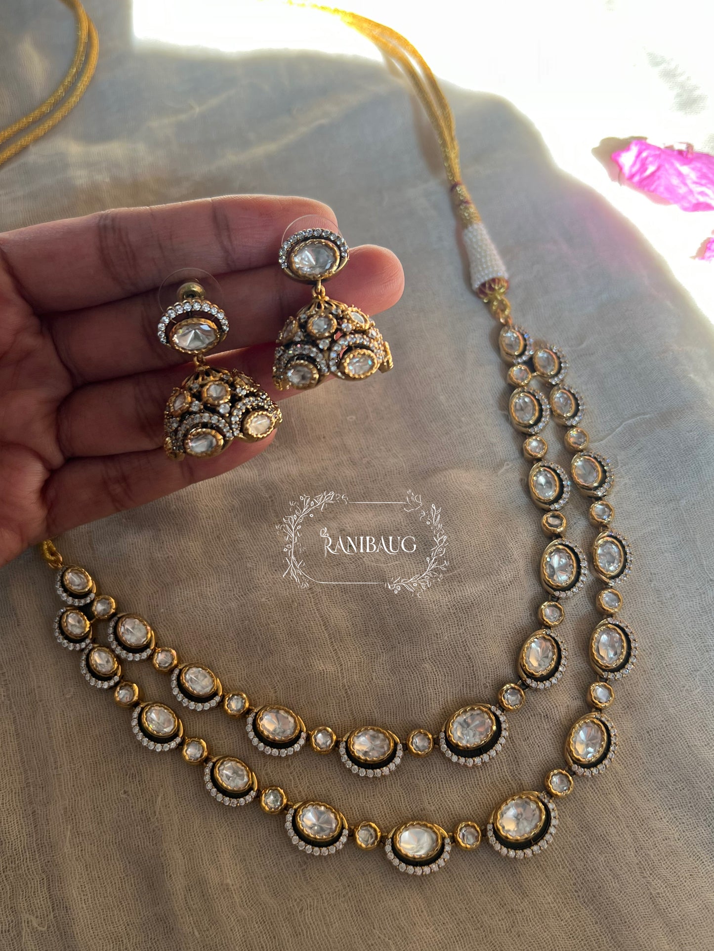 The Double-Strand Oval Polki Necklace | Victorian Layered Jhumka Set by Ranibaug | Subtle Jewelry 2025