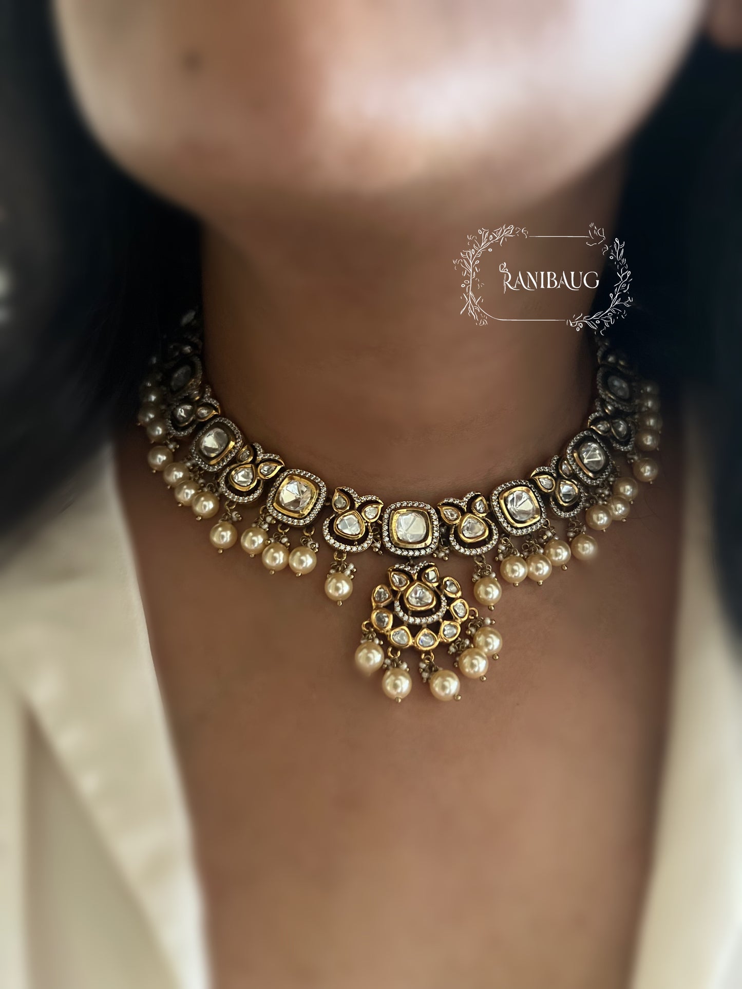 The Kalapi Midnight Royal Polki Choker | Victorian Rhodium & Meenakari Finish With Off White Pearl Accents By Ranibaug