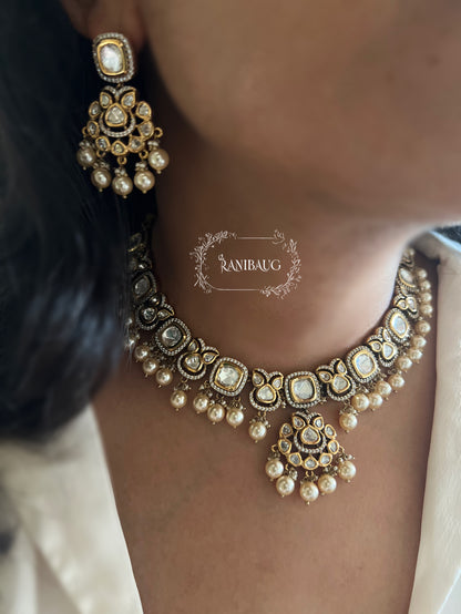 The Kalapi Midnight Royal Polki Choker | Victorian Rhodium & Meenakari Finish With Off White Pearl Accents By Ranibaug