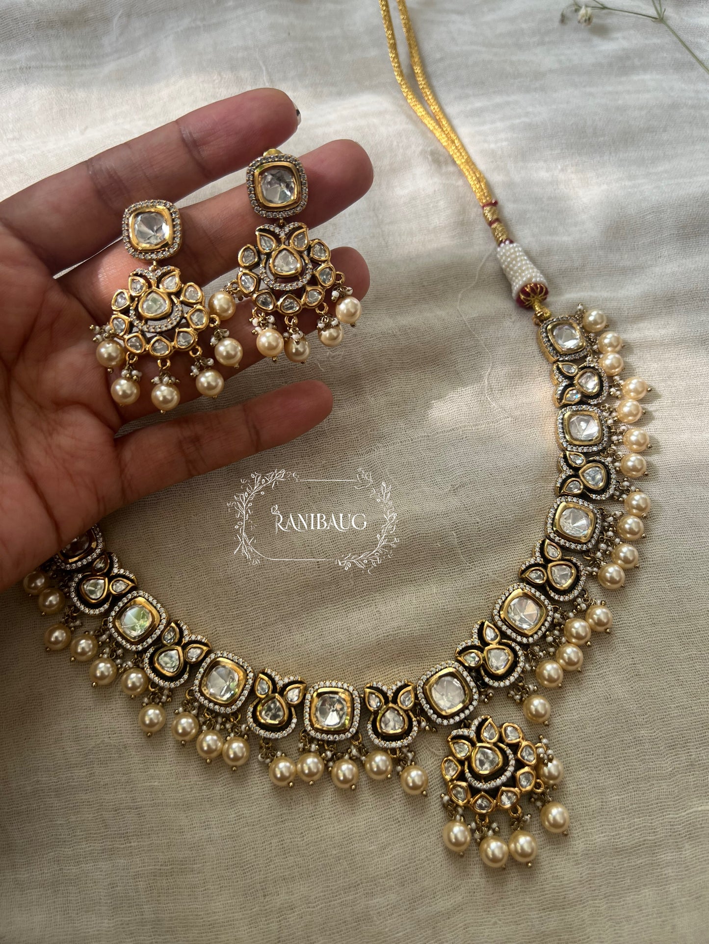 The Kalapi Midnight Royal Polki Choker | Victorian Rhodium & Meenakari Finish With Off White Pearl Accents By Ranibaug