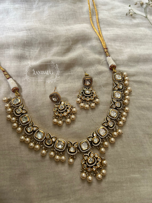 The Kalapi Midnight Royal Polki Choker | Victorian Rhodium & Meenakari Finish With Off White Pearl Accents By Ranibaug