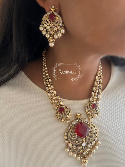 The Maharani’S Heirloom: Pearl Strand Necklace With Peacock Jadau Pendant | Emerald Green & Ruby Red Variants By Ranibaug