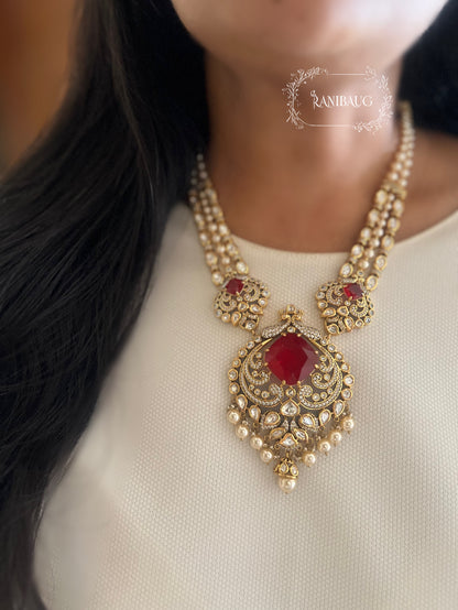 The Maharani’S Heirloom: Pearl Strand Necklace With Peacock Jadau Pendant | Emerald Green & Ruby Red Variants By Ranibaug