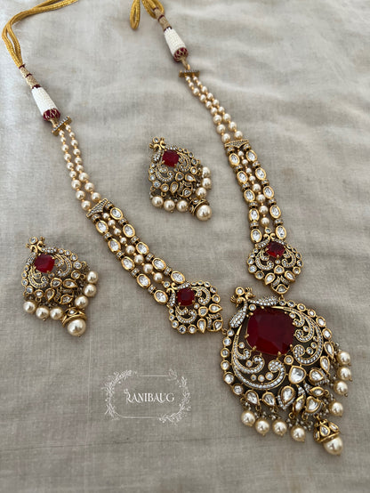 The Maharani’S Heirloom: Pearl Strand Necklace With Peacock Jadau Pendant | Emerald Green & Ruby Red Variants By Ranibaug