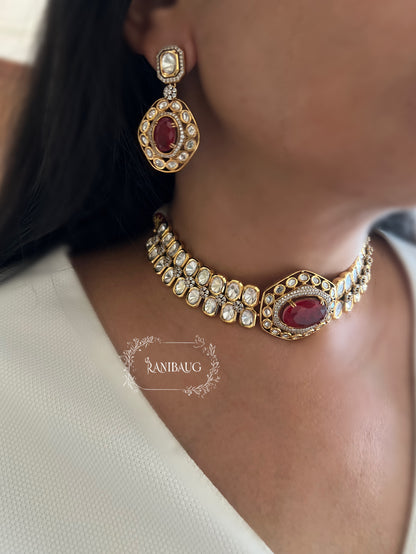 The Royal Sash Polki Choker Necklace Set | Ruby & Emerald Centerpiece In Rich Gold Finish By Ranibaug