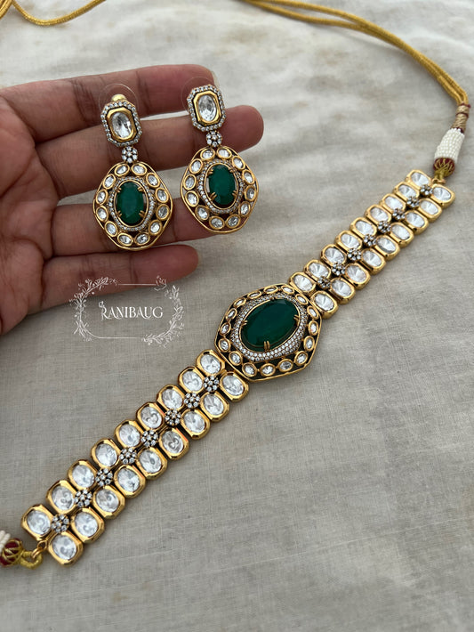 The Royal Sash Polki Choker Necklace Set | Ruby & Emerald Centerpiece In Rich Gold Finish By Ranibaug