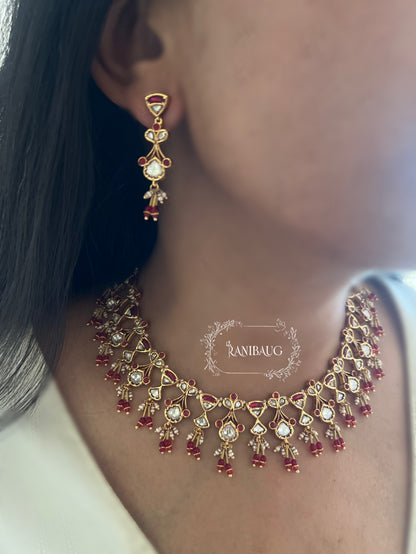The Rukmini Rang-Mahal Polki Hourglass Necklace | Ruby & Emerald Geometric Fringe Set by Ranibaug