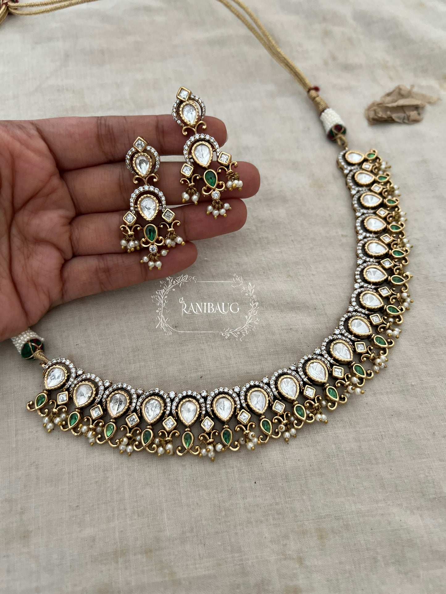 The Vintage Victorian Teardrop Polki Necklace | Antique Rhodium & Gold Dual-Tone Set