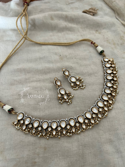 The Vintage Victorian Teardrop Polki Necklace | Antique Rhodium & Gold Dual-Tone Set