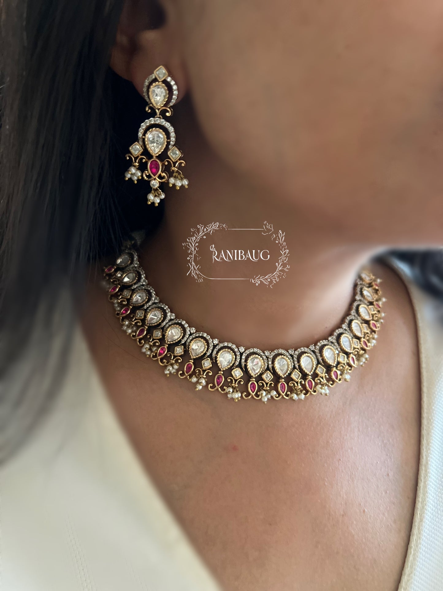 The Vintage Victorian Teardrop Polki Necklace | Antique Rhodium & Gold Dual-Tone Set