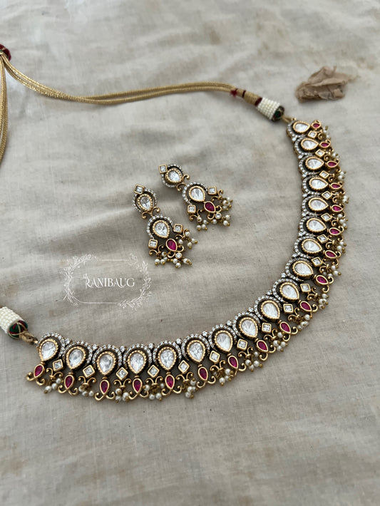 The Vintage Victorian Teardrop Polki Necklace | Antique Rhodium & Gold Dual-Tone Set