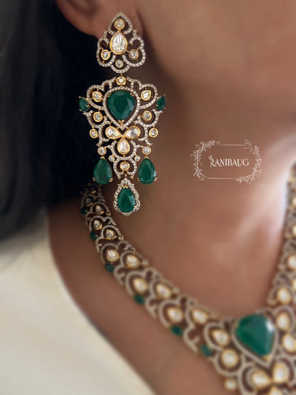 The "Gulab-Bagh" Pastel Polki Bridal Set | Pink Tourmaline & Emerald Long Haram Vintage Necklace Set By Ranibaug