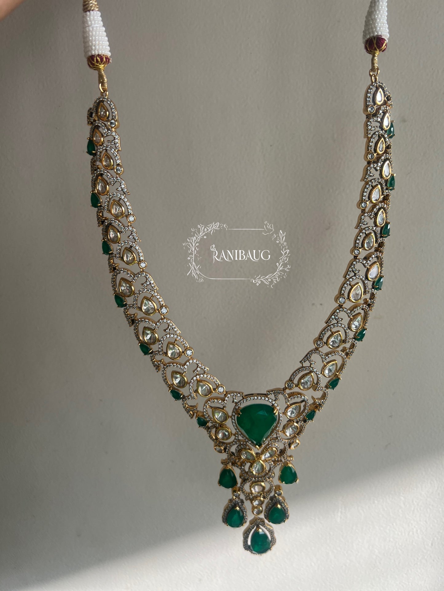 The "Gulab-Bagh" Pastel Polki Bridal Set | Pink Tourmaline & Emerald Long Haram Vintage Necklace Set By Ranibaug