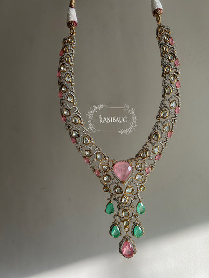 The "Gulab-Bagh" Pastel Polki Bridal Set | Pink Tourmaline & Emerald Long Haram Vintage Necklace Set By Ranibaug