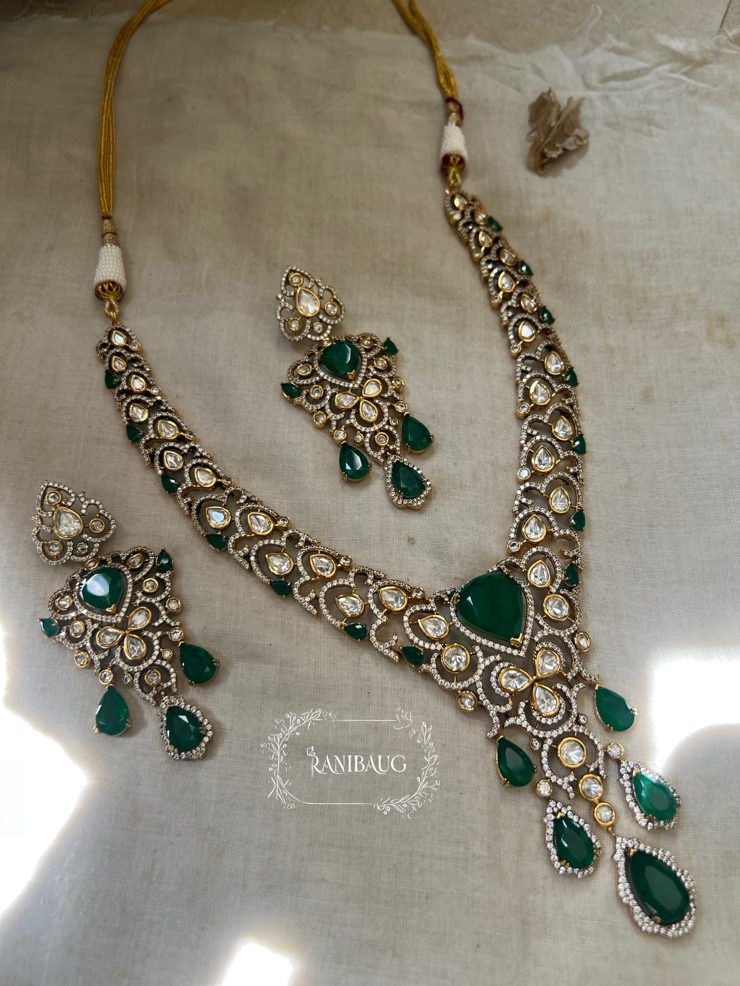 The "Gulab-Bagh" Pastel Polki Bridal Set | Pink Tourmaline & Emerald Long Haram Vintage Necklace Set By Ranibaug